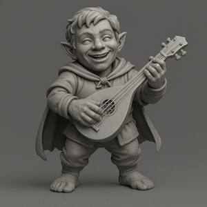 Puede incluir: Una figura gris de un personaje sonriente, parecido a un elfo, tocando un laúd. La figura lleva una capa con capucha y una túnica, con los pies descalzos. El laúd tiene una boca redonda y seis cuerdas. El diseño general es detallado y caprichoso.