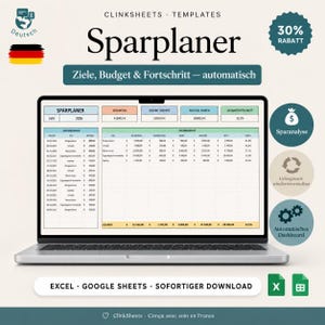 Può includere: Uno schermo di un portatile che mostra un modello di pianificatore di risparmio digitale intitolato Sparplaner. Il foglio di calcolo include colonne per date, obiettivi, budget e percentuali. Testo: 30% Rabatt, Ziele, Budget & Fortschritt, Excel Google Sheets.