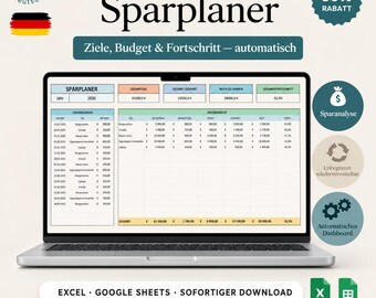 May include: A laptop screen displaying a digital savings planner template titled Sparplaner. The spreadsheet includes columns for dates, savings goals, monthly targets, and progress percentages. Text includes 30% Rabatt, Ziele, Budget & Fortschritt, and Excel Google Sheets.