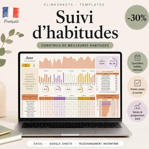 May include: A digital habit tracker template displayed on a laptop screen, featuring the title Suivi d'habitudes, June calendar, bar charts, progress circles, and a daily checklist. The interface includes text in French, data visualization elements, and a clean layout for tracking personal goals and daily routines.