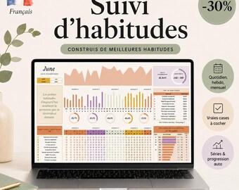 May include: A digital habit tracker template displayed on a laptop screen, featuring the title Suivi d'habitudes, June calendar, bar charts, progress circles, and a daily checklist. The interface includes text in French, data visualization elements, and a clean layout for tracking personal goals and daily routines.