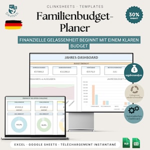 Può includere: Un modello di pianificatore di budget digitale per Excel e Google Sheets intitolato Familienbudget-Planer. Il display mostra un Jahres-Dashboard con grafici finanziari, dati di risparmio e un tracker per la No-Spend-Challenge.