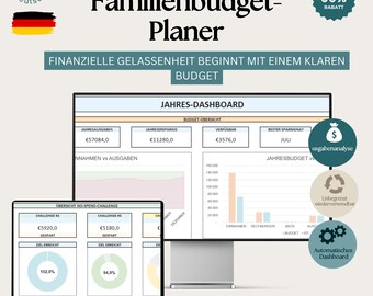 May include: A digital budget planner template for Excel and Google Sheets titled Familienbudget-Planer. The display shows a Jahres-Dashboard with financial charts, savings data, and a No-Spend-Challenge tracker with pie charts and bar graphs.