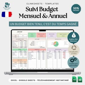 May include: A digital monthly and annual budget tracker template displayed on a laptop screen. The spreadsheet features tables for income, fixed and variable expenses, debt, and a pie chart. Text includes "CLINKSHEETS TEMPLATES" and "30% DISCOUNT".