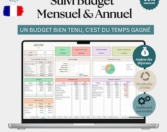 Puede incluir: Una plantilla digital de seguimiento de presupuesto mensual y anual mostrada en la pantalla de una computadora portátil. La hoja de cálculo incluye tablas para ingresos, gastos fijos y variables, deudas y un gráfico circular. Texto: "Suivi Budget Mensuel & Annuel".