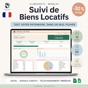 Suivi de Biens Locatifs Excel & Google Sheets | Tableau de bord Revenus Dépenses Rentabilité | Gestion Locative Propriétaire