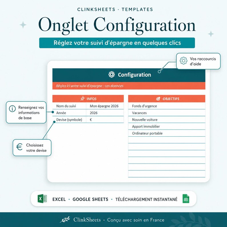 Suivi d'Épargne Excel Google Sheets | Tableur Objectifs Budget & Fonds d'Urgence | Modell Français Automatique + Guide bild 3