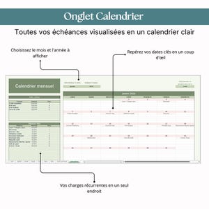 May include: A digital monthly calendar spreadsheet template with a green and white color scheme. It features sections for tracking expenses, due dates, and recurring charges, with text labels in French including Calendrier mensuel and dates.