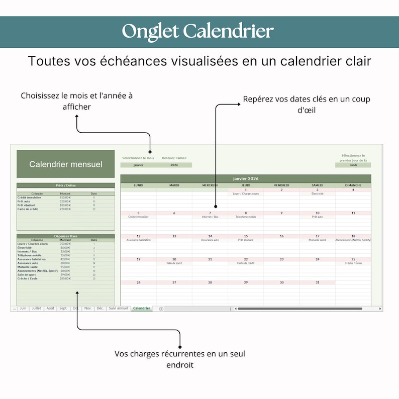 May include: A digital monthly calendar spreadsheet template with a green and white color scheme. It features sections for tracking expenses, due dates, and recurring charges, with text labels in French including Calendrier mensuel and dates.