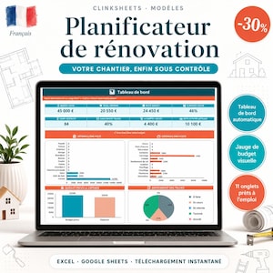 Pode incluir: Um planejador de renovação digital exibido na tela de um laptop, apresentando um painel com rastreamento de orçamento, gráficos de despesas e progresso de tarefas. A interface inclui texto em francês, como Planificateur de rénovation e Tableau de bord, com vários elementos de visualização de dados.