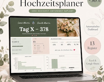May include: A laptop screen displaying a digital wedding planner template titled Hochzeitplaner. The interface features budget tracking, guest lists, and charts in green and beige tones. Text includes Lucas Martin, Camille Martin, Tag X - 378, and 13 Register. The design includes floral imagery and data tables for Excel and Google Sheets.