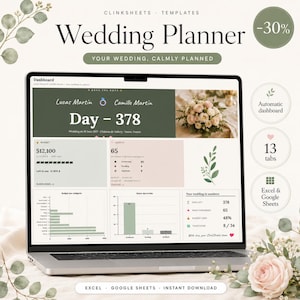 Puede incluir: Una plantilla digital de planificador de bodas mostrada en la pantalla de una computadora portátil, con un panel de control para seguimiento de presupuesto, listas de invitados y cuentas regresivas. La interfaz incluye texto como "Wedding Planner", "Lucas Martin", "Camille Martin" y "Day - 378", con acentos de color verde y rosa.