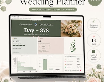May include: A digital wedding planner template displayed on a laptop screen, featuring a dashboard with budget tracking, guest lists, and countdowns. The interface includes text such as "Wedding Planner," "Lucas Martin," "Camille Martin," and "Day - 378," with soft green and pink color accents.