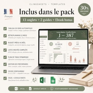 Puede incluir: Un port&aacute;til muestra una plantilla de planificaci&oacute;n de bodas con un dise&ntilde;o verde y blanco. La pantalla muestra detalles del presupuesto, listas de invitados y un plano de mesa din&aacute;mico. El texto "Inclus dans le pack" y "30% DISCOUNT" es visible.