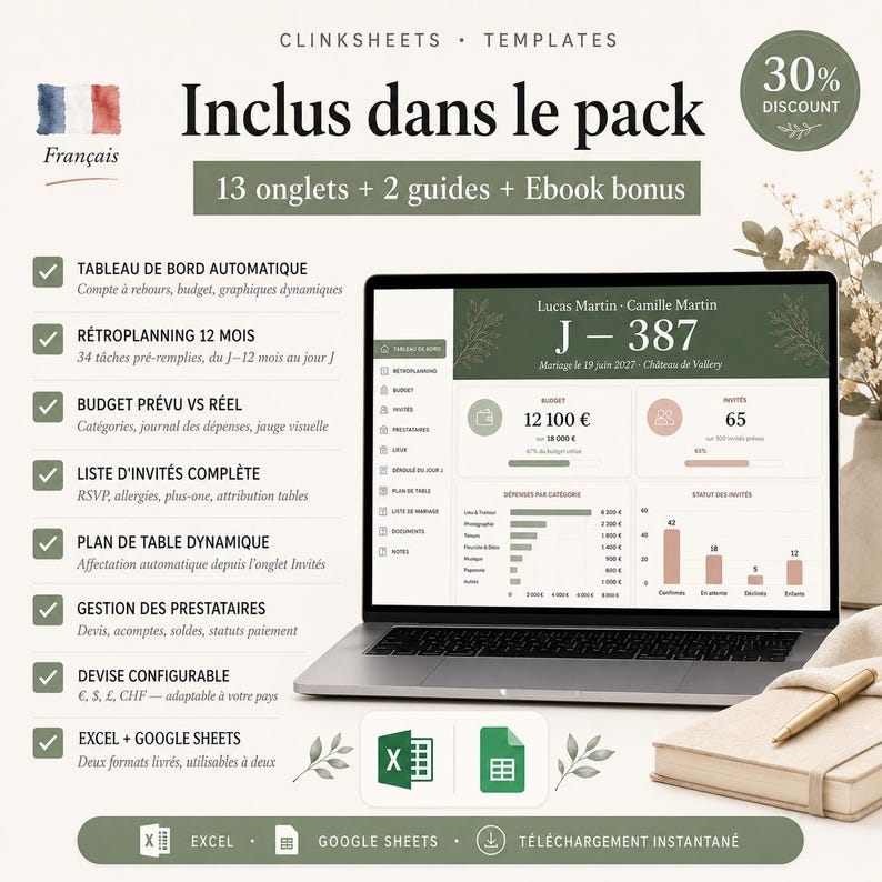 Puede incluir: Un port&aacute;til muestra una plantilla de planificaci&oacute;n de bodas con un dise&ntilde;o verde y blanco. La pantalla muestra detalles del presupuesto, listas de invitados y un plano de mesa din&aacute;mico. El texto "Inclus dans le pack" y "30% DISCOUNT" es visible.