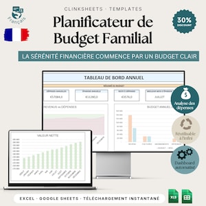 Może przedstawiać: Cyfrowy szablon planera budżetu rodzinnego wyświetlany na monitorze komputera i ekranie laptopa. Interfejs zawiera wykresy, tabele i podsumowania finansowe w języku francuskim, w tym sekcje dotyczące rocznych wydatków i oszczędności.