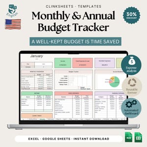 Può includere: Uno schermo di un laptop mostra un modello di monitoraggio del budget mensile e annuale. Il modello include sezioni per entrate, spese e un budget tracker. L'immagine mostra anche uno sconto del 30% e il testo "A well-kept budget is time saved."