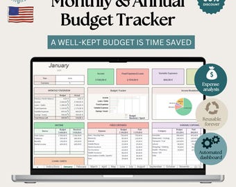 May include: A laptop screen displays a monthly and annual budget tracker template. The template includes sections for income, expenses, and a budget tracker. The image also shows a 30% discount and the text "A well-kept budget is time saved."