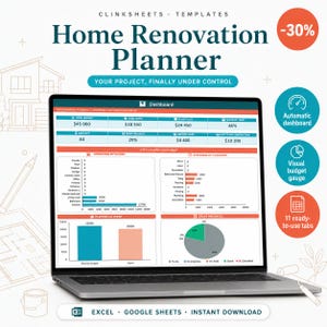 Op de afbeelding: Een laptop met een Home Renovation Planner dashboard met grafieken voor budget, uitgaven en voortgang van taken. Het scherm toont gegevens over het totale budget, de uitgaven en het resterende bedrag, inclusief Excel Google Sheets.