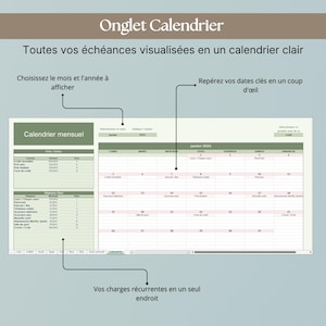 K&ouml;nnte beinhalten: Eine digitale Kalenderschnittstelle mit dem Titel "Onglet Calendrier" und dem Text "Toutes vos &eacute;ch&eacute;ances visualis&eacute;es en un calendrier clair." Der Kalender zeigt eine monatliche Ansicht mit Daten und Finanzdaten. Text enth&auml;lt "Choisissez le mois et l'ann&eacute;e &agrave; afficher."