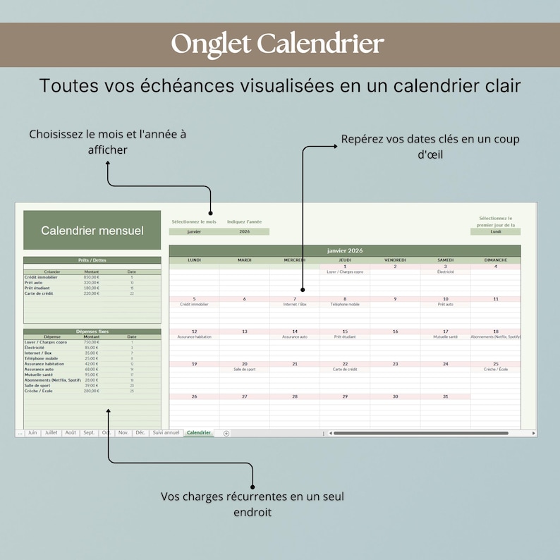 K&ouml;nnte beinhalten: Eine digitale Kalenderschnittstelle mit dem Titel "Onglet Calendrier" und dem Text "Toutes vos &eacute;ch&eacute;ances visualis&eacute;es en un calendrier clair." Der Kalender zeigt eine monatliche Ansicht mit Daten und Finanzdaten. Text enth&auml;lt "Choisissez le mois et l'ann&eacute;e &agrave; afficher."