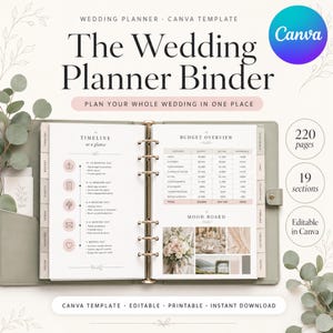 Puede incluir: Una carpeta organizadora de bodas color verde salvia, plantilla de Canva con 220 páginas y 19 secciones. La carpeta abierta muestra un cronograma, presupuesto y tablero de inspiración. El texto incluye The Wedding Planner Binder, Plan Your Whole.