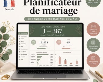 May include: A laptop displays a wedding planner template in French, with the title "Planificateur de mariage." The screen shows budget details, guest counts, and expense categories. The image includes a 30% discount badge, Excel and Google Sheets icons, and wedding rings.