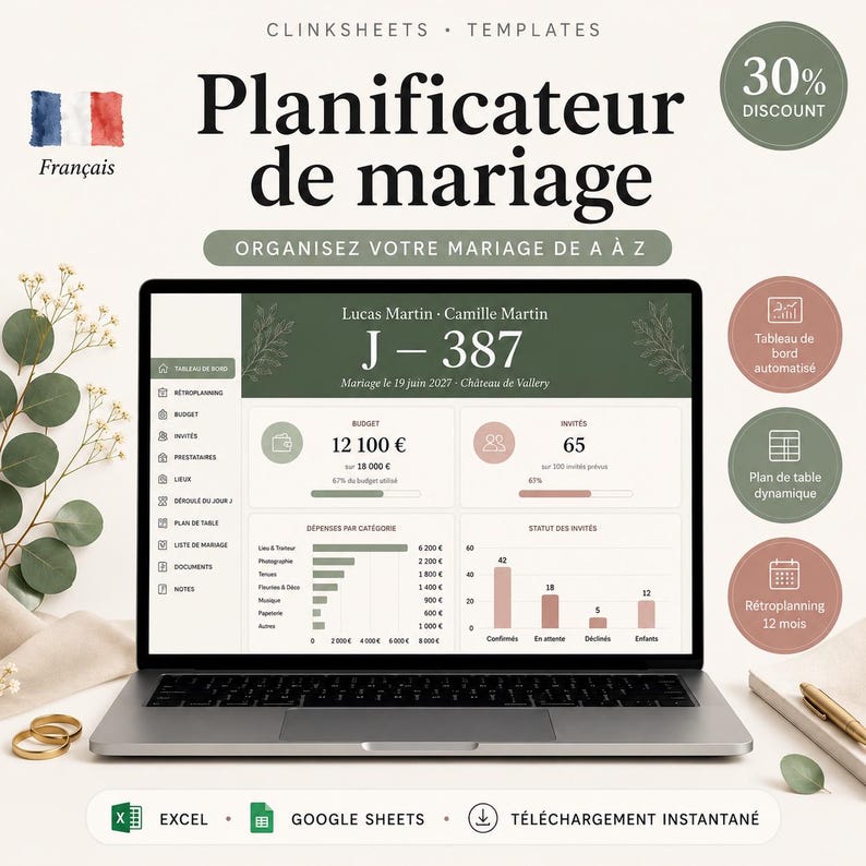 Puede incluir: Un port&aacute;til muestra una plantilla de planificador de bodas en franc&eacute;s, titulada "Planificateur de mariage". La pantalla muestra detalles del presupuesto, recuento de invitados y categor&iacute;as de gastos. La imagen incluye una insignia de descuento del 30%, iconos de Excel y Google Sheets y anillos de boda.