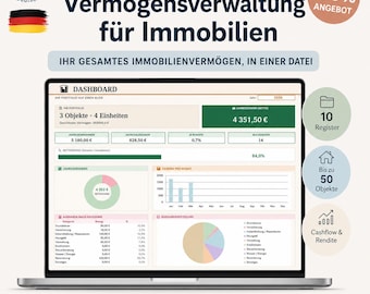 May include: A digital dashboard displayed on a laptop screen for real estate asset management, featuring financial data, pie charts, and bar graphs. The interface includes text labels like Dashboard, 3 Objekte, 4 Einheiten, and 4 351,50 €.