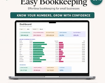 May include: A laptop screen displaying an Easy Bookkeeping dashboard template for small businesses. The interface features financial data, including income, expenses, net profit, and goal progress, with bar charts comparing monthly income and expenses.