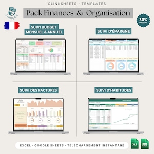 May include: Four laptop screens displaying Clinksheets templates for Pack Finances & Organisation. The screens show spreadsheets for monthly and annual budget tracking, savings tracking, invoice tracking, and habit tracking with charts, graphs, and tables.