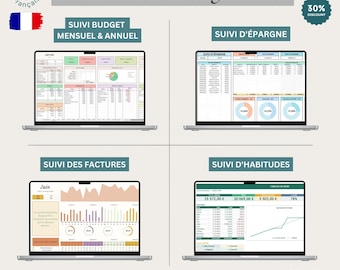Puede incluir: Cuatro pantallas de ordenador que muestran plantillas de Clinksheets para Pack Finances & Organisation. Las pantallas muestran hojas de cálculo para el seguimiento de presupuestos mensuales y anuales, ahorros, facturas y hábitos con gráficos.