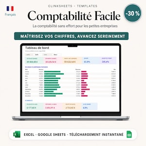 May include: A laptop screen displaying a French accounting dashboard template titled Comptabilité Facile. The interface shows financial data, including revenue, expenses, and net profit charts for the year 2026, with Excel and Google Sheets icons below.