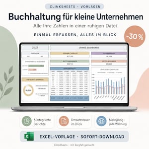 May include: A laptop screen displaying a 2025 bookkeeping spreadsheet for small businesses titled Buchhaltung für kleine Unternehmen. The dashboard includes financial tables, charts, and data for annual profit, loss, and cash flow analysis.