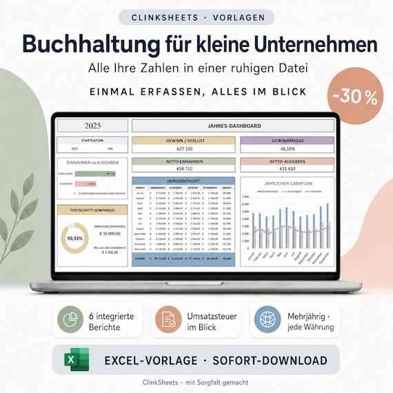 Excel Buchhaltung Vorlage Kleinunternehmen | Einnahmen Ausgaben & MwSt Tracker | Monat Quartal Jahr | Selbstständige Freiberufler