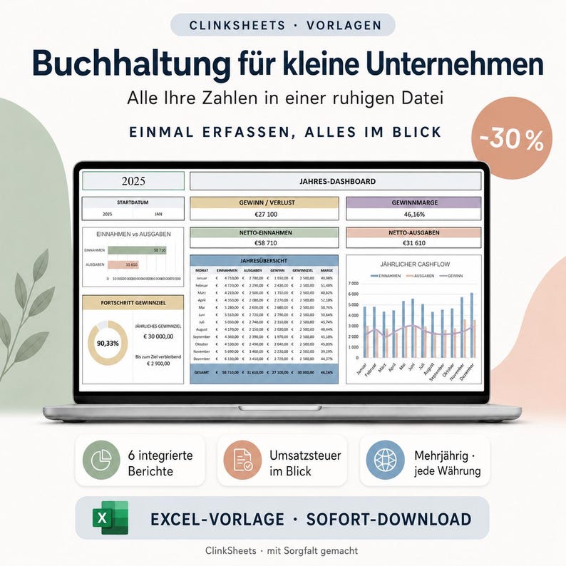 Puede incluir: Una pantalla de ordenador que muestra una hoja de c&aacute;lculo contable para peque&ntilde;as empresas titulada Buchhaltung f&uuml;r kleine Unternehmen. El panel incluye tablas financieras, gr&aacute;ficos y datos para el an&aacute;lisis anual de flujo de caja.