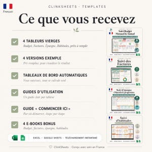 以下が含まれることがあります： Clinksheets TemplatesによるCe que vous recevezと題されたデジタル製品情報シート。空白のスプレッドシート、サンプルバージョン、自動ダッシュボード、ユーザーガイド、スタートガイド、4冊のボーナス電子書籍を含む6つの項目がリストされています。