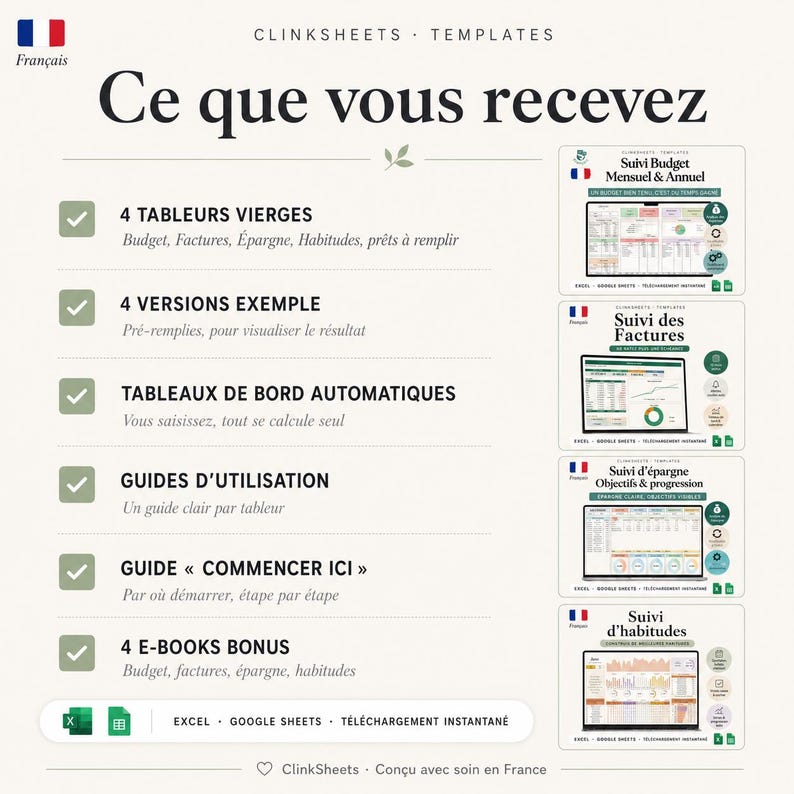 以下が含まれることがあります： Clinksheets TemplatesによるCe que vous recevezと題されたデジタル製品情報シート。空白のスプレッドシート、サンプルバージョン、自動ダッシュボード、ユーザーガイド、スタートガイド、4冊のボーナス電子書籍を含む6つの項目がリストされています。