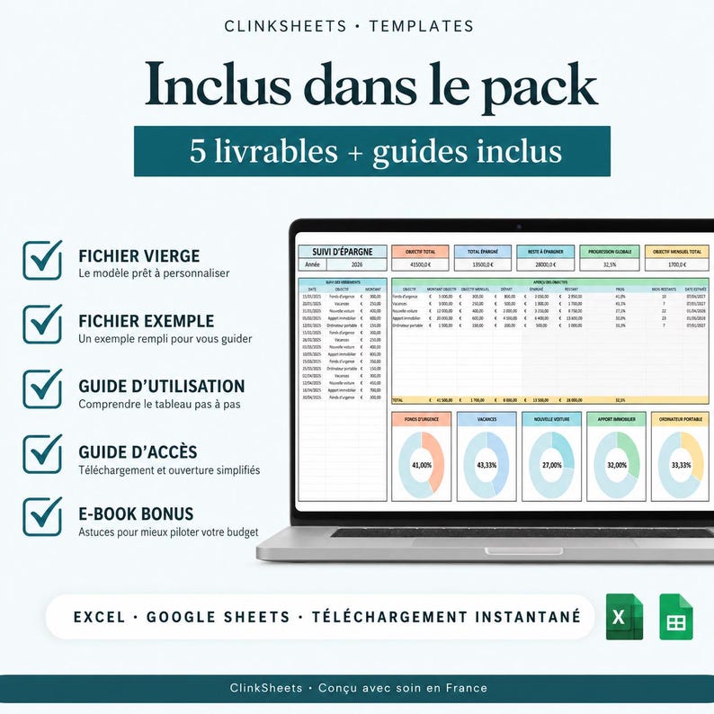 Suivi d'Épargne Excel Google Sheets | Tableur Objectifs Budget & Fonds d'Urgence | Modell Français Automatique + Guide bild 6