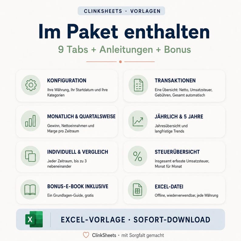Puede incluir: Una plantilla de hoja de c&aacute;lculo digital titulada Clinksheets Vorlagen, que presenta una lista de 9 pesta&ntilde;as que incluyen Konfiguration, Transaktionen, Monatlich & Quartalsweise, J&auml;hrlich & 5 Jahre, Individuell & Vergleich, Steuer&uuml;bersicht, Bonus-E-Book y Excel-Datei.