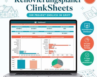 May include: A laptop screen displaying a renovation planner dashboard with various charts, tables, and financial data in Euros. The interface includes sections for budget tracking, room expenses, and task progress, with text labels in German throughout the display.