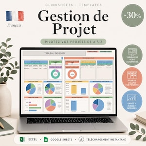 Puede incluir: Una pantalla de portátil que muestra una plantilla de panel de gestión de proyectos titulada Gestion de Projet. La interfaz presenta varias visualizaciones de datos, incluyendo gráficos circulares, de barras y tablas de estado.
