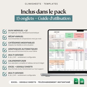 K&ouml;nnte beinhalten: Ein Laptop zeigt eine Finanz-Tabelle mit Einnahmen und Ausgaben. Das Bild enth&auml;lt franz&ouml;sischen Text, darunter "Inclus dans le pack" und "Guide d'utilisation". Die Tabelle bietet monatliche Verfolgung, j&auml;hrliche Zusammenfassungen und anpassbare Kategorien.
