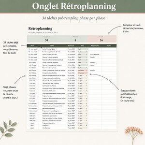 Puede incluir: Una lista de verificaci&oacute;n para la planificaci&oacute;n de bodas titulada "Onglet R&eacute;troplanning" con 34 tareas precargadas, fase por fase. La lista de verificaci&oacute;n incluye fases, tareas, plazos, estado y notas. El estado est&aacute; codificado por colores, con un total de 34 tareas, 8 completadas y 26 por hacer.