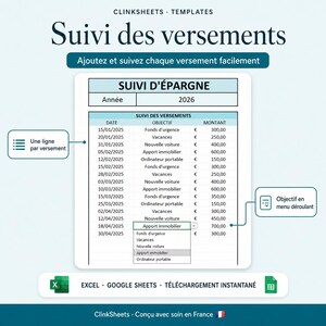Suivi d'Épargne Excel Google Sheets | Tableur Objectifs Budget & Fonds d'Urgence | Modell Français Automatique + Guide bild 5