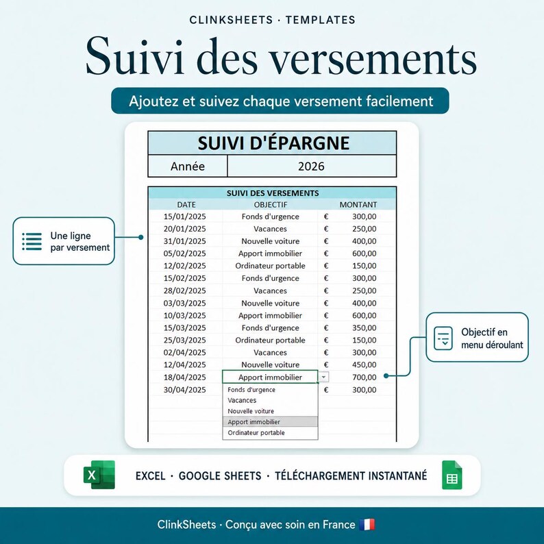 Suivi d'Épargne Excel Google Sheets | Tableur Objectifs Budget & Fonds d'Urgence | Modell Français Automatique + Guide bild 5