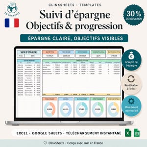 Peut inclure: Un modèle numérique de suivi d'épargne affiché sur un écran d'ordinateur portable, comprenant des tableaux pour les versements, les objectifs financiers et les pourcentages de progression. L'interface présente des graphiques et des colonnes en euros.