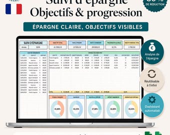 May include: A digital savings tracker template displayed on a laptop screen, featuring tables for tracking deposits, financial goals, and progress percentages. The interface includes colorful charts and columns for dates, amounts, and remaining balances in Euros.