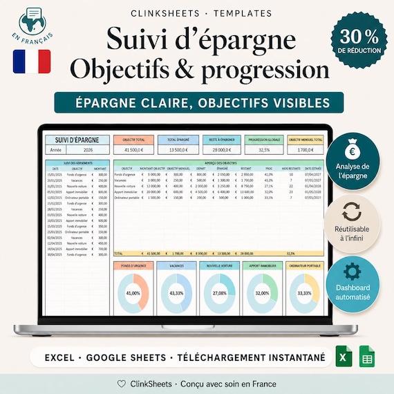Suivi d'Épargne Excel Google Sheets | Tableur Objectifs Budget & Fonds d'Urgence | Modèle Français Automatique + Guide