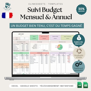 Peut inclure: Un écran d'ordinateur portable affiche un modèle de budget mensuel et annuel en français. Le modèle comprend des sections pour les revenus, les dépenses et un tableau de bord. Le texte comprend "Suivi Budget Mensuel & Annuel".